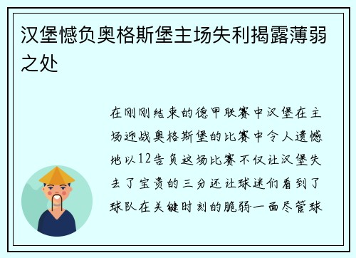 汉堡憾负奥格斯堡主场失利揭露薄弱之处