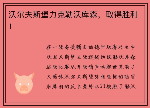 沃尔夫斯堡力克勒沃库森，取得胜利！